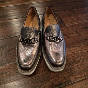 Johnston & Murphy Shiny Silver Loafers with Chain Detail